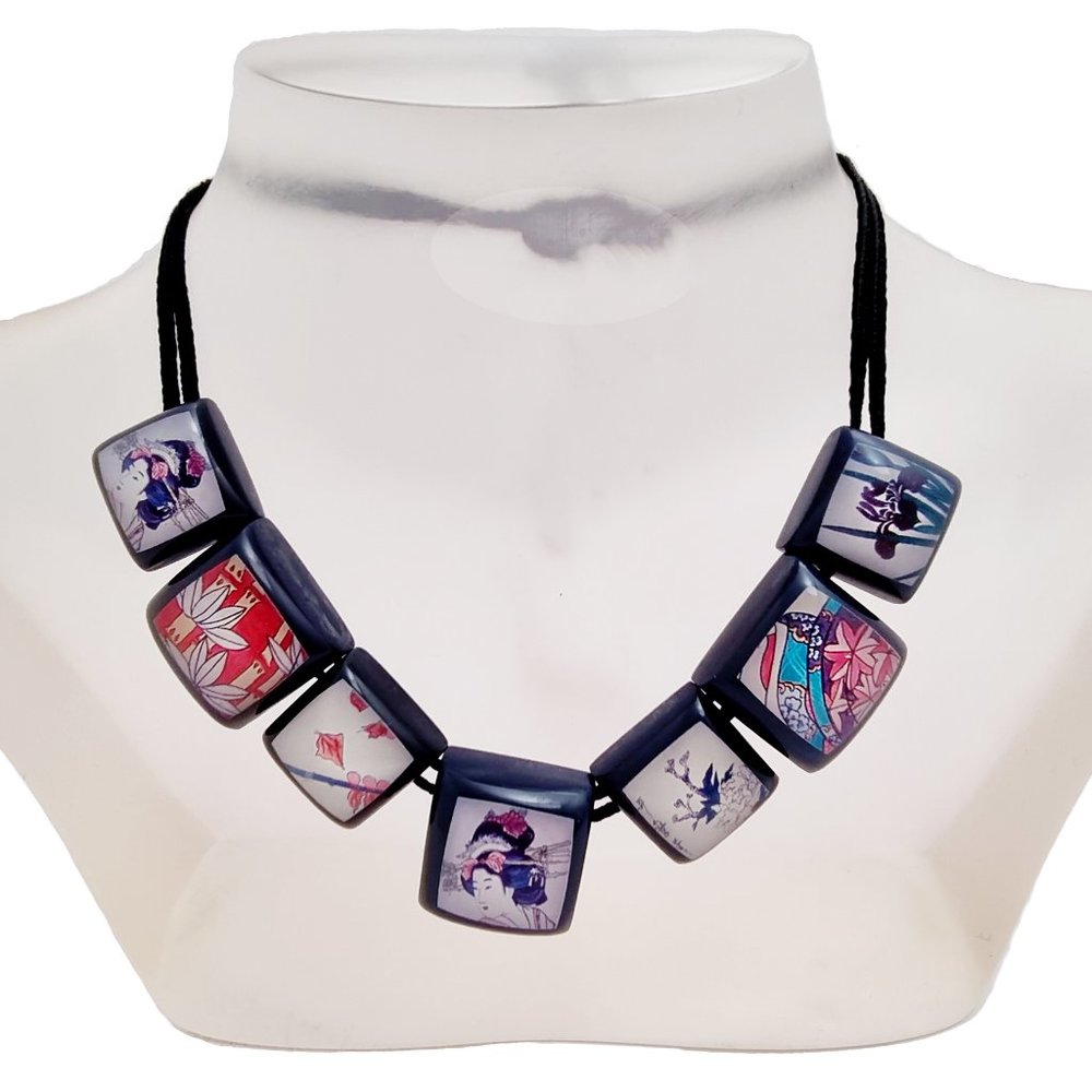 Geisha Images Resin Necklace on Satin Cord
